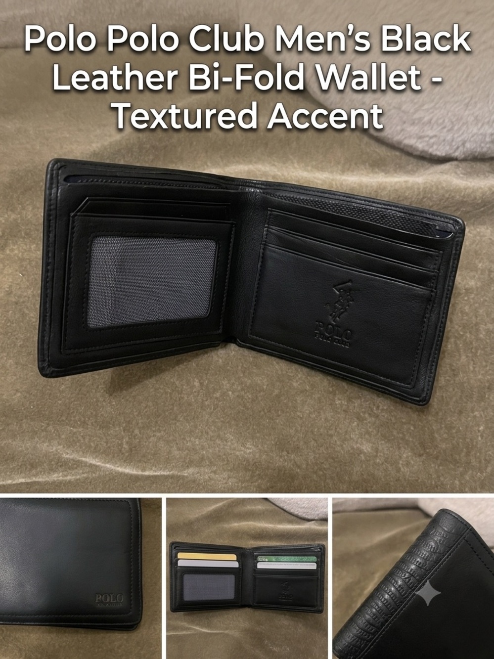 Polo Polo Club Men's Black Leather Bi-Fold Wallet - Textured Accent